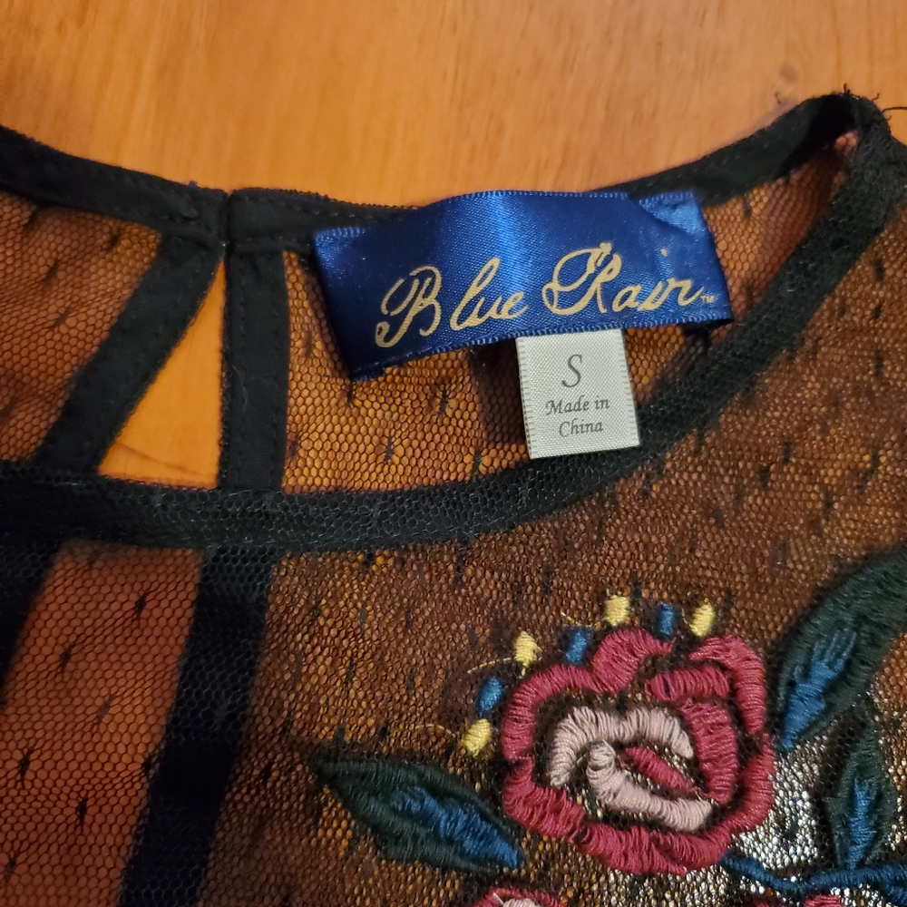 Black Tulle Babydoll Blouse with floral embroidery sz Small Blue Rain Francesca - Picture 4 of 9